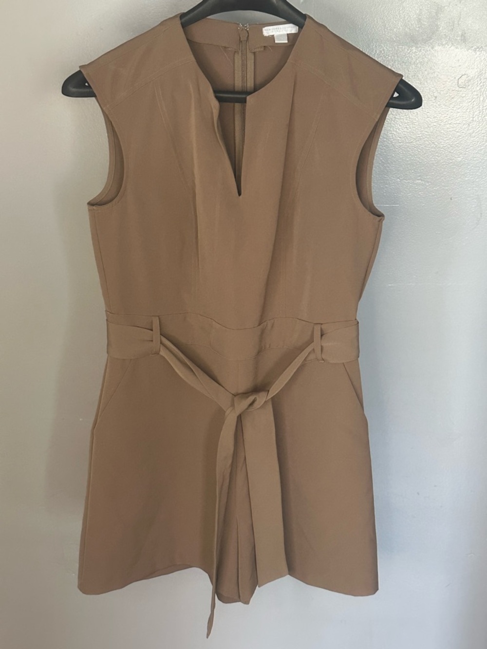 New York & Company Sleeveless V-Neck Tie-Waist Jumpsuit in Tan